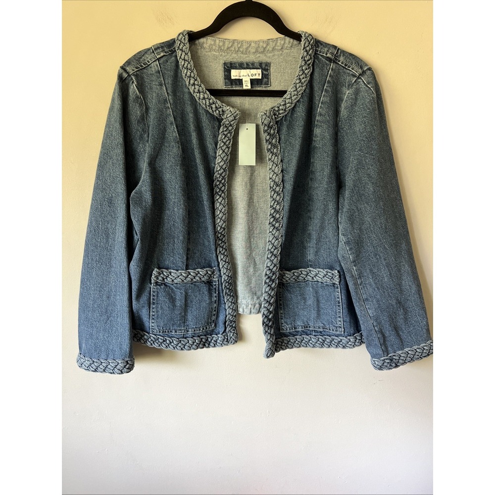 NWT Loft Blue Braided Trim Collarless Open Jean Denim Jacket Size XL Petite NEW